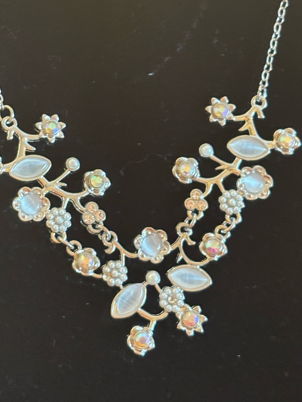 Silver Floral Statement Necklace with Opalescent Accents